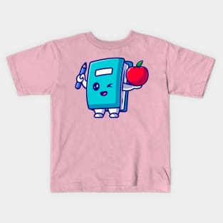 Cute Book Holding Pencil And Apple Cartoon Kids T-Shirt